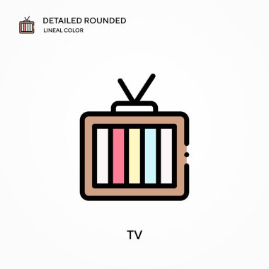 Tv ayrıntılı yuvarlak doğrusal renk vektör simgesi. Web mobil UI ögesi için resimleme sembolü tasarım şablonu. Düzenlenebilir vuruşlarda mükemmel renk modern piktogram. İş projeniz için TV simgeleri