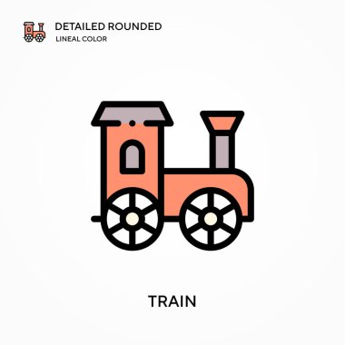 Tren detaylı yuvarlak doğrusal renk vektör simgesi. Web mobil UI ögesi için resimleme sembolü tasarım şablonu. Düzenlenebilir vuruşlarda mükemmel renk modern piktogram. İş projeniz için tren simgeleri