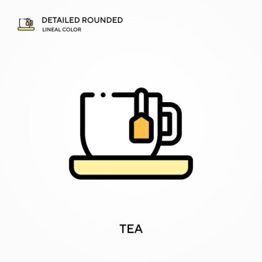 Çay detaylı yuvarlak doğrusal renk vektörü ikonu. Web mobil UI ögesi için resimleme sembolü tasarım şablonu. Düzenlenebilir vuruşlarda mükemmel renk modern piktogram. İş projeniz için çay simgeleri