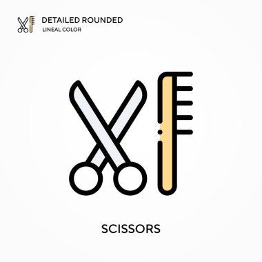 Makas detaylı yuvarlak doğrusal renk vektör simgesi. Web mobil UI ögesi için resimleme sembolü tasarım şablonu. Düzenlenebilir vuruşlarda mükemmel renk modern piktogram. İş projeniz için makas simgeleri