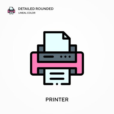 Yazıcı ayrıntılı yuvarlak doğrusal renk vektör simgesi. Web mobil UI ögesi için resimleme sembolü tasarım şablonu. Düzenlenebilir vuruşlarda mükemmel renk modern piktogram. İş projeniz için yazıcı simgeleri
