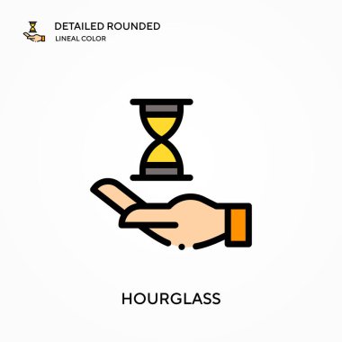 Kum saati yuvarlak çizgili renk vektör simgesini detaylı olarak açıklar. Web mobil UI ögesi için resimleme sembolü tasarım şablonu. Düzenlenebilir vuruşlarda mükemmel renk modern piktogram. İş projeniz için kum saati simgeleri