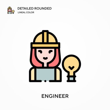 Mühendis yuvarlak doğrusal renk vektör simgesini detaylı olarak açıkladı. Web mobil UI ögesi için resimleme sembolü tasarım şablonu. Düzenlenebilir vuruşlarda mükemmel renk modern piktogram. İş projeniz için mühendislik simgeleri