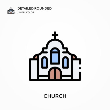 Kilise yuvarlak doğrusal renk vektör simgesini detaylı olarak açıkladı. Web mobil UI ögesi için resimleme sembolü tasarım şablonu. Düzenlenebilir vuruşlarda mükemmel renk modern piktogram. İş projeniz için kilise simgeleri