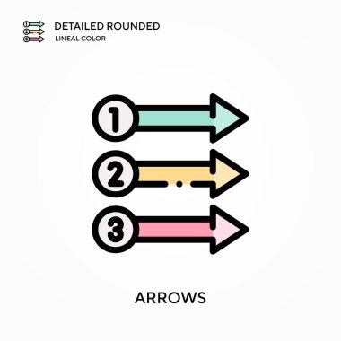 Oklar ayrıntılı yuvarlak doğrusal renk vektör simgesi. Web mobil UI ögesi için resimleme sembolü tasarım şablonu. Düzenlenebilir vuruşlarda mükemmel renk modern piktogram. İş projeniz için ok simgeleri