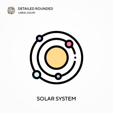 Güneş sistemi yuvarlak lineal renk vektörü simgesini detaylı olarak açıkladı. Web mobil UI ögesi için resimleme sembolü tasarım şablonu. Düzenlenebilir vuruşlarda mükemmel renk modern piktogram. İş projeniz için güneş sistemi simgeleri