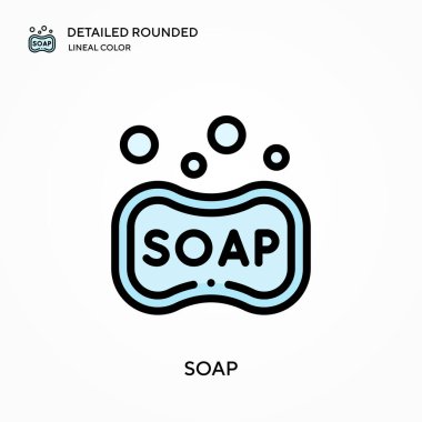 Sabun detaylı yuvarlak doğrusal renk vektörü ikonu. Web mobil UI ögesi için resimleme sembolü tasarım şablonu. Düzenlenebilir vuruşlarda mükemmel renk modern piktogram. İş projeniz için sabun simgeleri