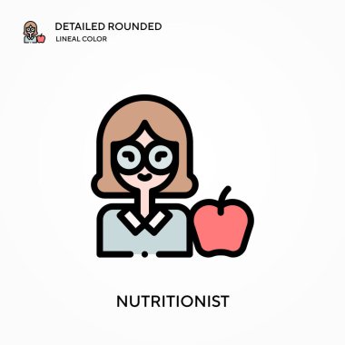 Nutritionist detaylı yuvarlak doğrusal renk vektör ikonu. Web mobil UI ögesi için resimleme sembolü tasarım şablonu. Düzenlenebilir vuruşlarda mükemmel renk modern piktogram. İş projeniz için beslenme simgeleri