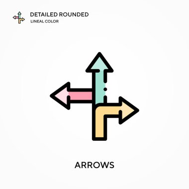 Oklar ayrıntılı yuvarlak doğrusal renk vektör simgesi. Web mobil UI ögesi için resimleme sembolü tasarım şablonu. Düzenlenebilir vuruşlarda mükemmel renk modern piktogram. İş projeniz için ok simgeleri