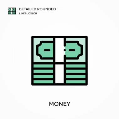 Para ayrıntılı yuvarlak doğrusal renk vektör simgesi. Web mobil UI ögesi için resimleme sembolü tasarım şablonu. Düzenlenebilir vuruşlarda mükemmel renk modern piktogram. İş projeniz için para simgeleri