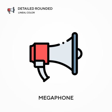 Megafon ayrıntılı yuvarlak doğrusal renk vektör ikonu. Web mobil UI ögesi için resimleme sembolü tasarım şablonu. Düzenlenebilir vuruşlarda mükemmel renk modern piktogram. İş projeniz için megafon simgeleri