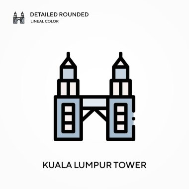 Kuala lumpur kulesi yuvarlak doğrusal renk vektör simgesini detaylı olarak açıkladı. Web mobil UI ögesi için resimleme sembolü tasarım şablonu. Düzenlenebilir vuruşlarda mükemmel renk modern piktogram. İş projeniz için Kuala lumpur kule simgeleri