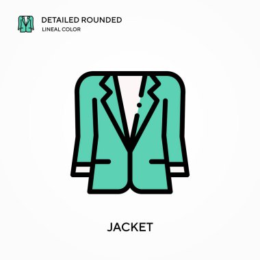 Ceket ayrıntılı yuvarlak doğrusal renk vektör ikonu. Web mobil UI ögesi için resimleme sembolü tasarım şablonu. Düzenlenebilir vuruşlarda mükemmel renk modern piktogram. İş projeniz için ceket simgeleri