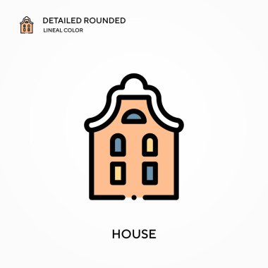 Evin detaylı yuvarlak doğrusal renk vektör simgesi. Web mobil UI ögesi için resimleme sembolü tasarım şablonu. Düzenlenebilir vuruşlarda mükemmel renk modern piktogram. İş projeniz için ev simgeleri