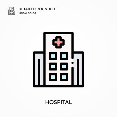 Hastane ayrıntılı yuvarlak doğrusal renk vektör ikonu. Web mobil UI ögesi için resimleme sembolü tasarım şablonu. Düzenlenebilir vuruşlarda mükemmel renk modern piktogram. İş projeniz için hastane simgeleri