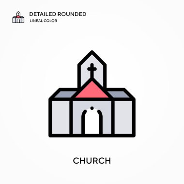 Kilise yuvarlak doğrusal renk vektör simgesini detaylı olarak açıkladı. Web mobil UI ögesi için resimleme sembolü tasarım şablonu. Düzenlenebilir vuruşlarda mükemmel renk modern piktogram. İş projeniz için kilise simgeleri