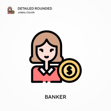 Banker yuvarlak doğrusal renk vektörü simgesini detaylı olarak açıkladı. Web mobil UI ögesi için resimleme sembolü tasarım şablonu. Düzenlenebilir vuruşlarda mükemmel renk modern piktogram. İş projeniz için bankacı simgeleri