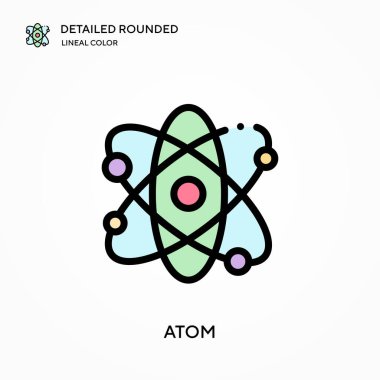 Atom detaylı yuvarlak doğrusal renk vektör simgesi. Web mobil UI ögesi için resimleme sembolü tasarım şablonu. Düzenlenebilir vuruşlarda mükemmel renk modern piktogram. İş projeniz için atom simgeleri