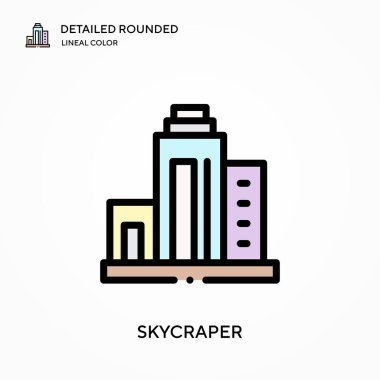 Skycraper ayrıntılı yuvarlak doğrusal renk vektör simgesi. Web mobil UI ögesi için resimleme sembolü tasarım şablonu. Düzenlenebilir vuruşlarda mükemmel renk modern piktogram. İş projeniz için Skycraper simgeleri