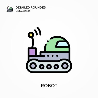 Robot yuvarlak doğrusal renk vektör simgesini detaylı olarak açıkladı. Web mobil UI ögesi için resimleme sembolü tasarım şablonu. Düzenlenebilir vuruşlarda mükemmel renk modern piktogram. İş projeniz için robot simgeleri
