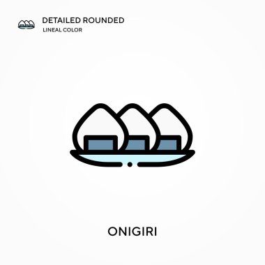 Onigiri ayrıntılı yuvarlak doğrusal renk vektör simgesi. Web mobil UI ögesi için resimleme sembolü tasarım şablonu. Düzenlenebilir vuruşlarda mükemmel renk modern piktogram. İş projeniz için onigiri simgeleri