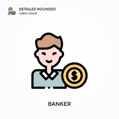 Banker yuvarlak doğrusal renk vektörü simgesini detaylı olarak açıkladı. Web mobil UI ögesi için resimleme sembolü tasarım şablonu. Düzenlenebilir vuruşlarda mükemmel renk modern piktogram. İş projeniz için bankacı simgeleri