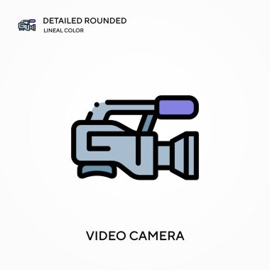 Video kamera yuvarlak doğrusal renk vektörü simgesini detaylı olarak açıkladı. Web mobil UI ögesi için resimleme sembolü tasarım şablonu. Düzenlenebilir vuruşlarda mükemmel renk modern piktogram. İş projeniz için video kamera simgeleri