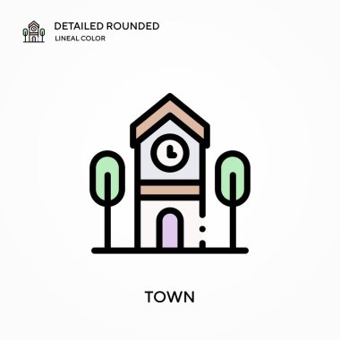 Kasabanın detaylı yuvarlak doğrusal renk vektör simgesi. Web mobil UI ögesi için resimleme sembolü tasarım şablonu. Düzenlenebilir vuruşlarda mükemmel renk modern piktogram. İş projeniz için şehir simgeleri