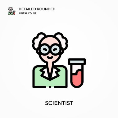 Bilim adamı yuvarlak doğrusal renk vektör simgesini detaylı olarak açıkladı. Web mobil UI ögesi için resimleme sembolü tasarım şablonu. Düzenlenebilir vuruşlarda mükemmel renk modern piktogram. İş projeniz için bilim adamı simgeleri