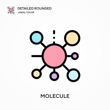 Molekül ayrıntılı yuvarlak lineal renk vektör ikonu. Web mobil UI ögesi için resimleme sembolü tasarım şablonu. Düzenlenebilir vuruşlarda mükemmel renk modern piktogram. İş projeniz için molekül simgeleri