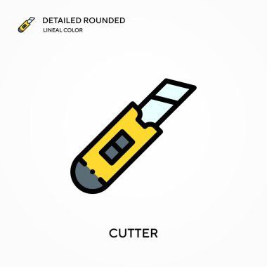 Kesici ayrıntılı yuvarlak doğrusal renk vektör simgesi. Web mobil UI ögesi için resimleme sembolü tasarım şablonu. Düzenlenebilir vuruşlarda mükemmel renk modern piktogram. İş projeniz için kesme simgeleri