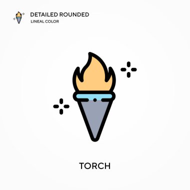 Meşale ayrıntılı yuvarlak doğrusal renk vektör simgesi. Web mobil UI ögesi için resimleme sembolü tasarım şablonu. Düzenlenebilir vuruşlarda mükemmel renk modern piktogram. İş projeniz için meşale simgeleri