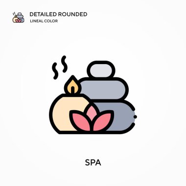 Spa ayrıntılı yuvarlak doğrusal renk vektör simgesi. Web mobil UI ögesi için resimleme sembolü tasarım şablonu. Düzenlenebilir vuruşlarda mükemmel renk modern piktogram. İş projeniz için spa simgeleri