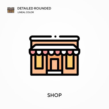 Dükkan ayrıntılı yuvarlak doğrusal renk vektör ikonu. Web mobil UI ögesi için resimleme sembolü tasarım şablonu. Düzenlenebilir vuruşlarda mükemmel renk modern piktogram. İş projeniz için simge