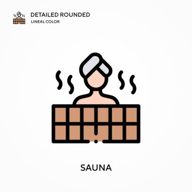 Sauna ayrıntılı yuvarlak doğrusal renk vektör simgesi. Web mobil UI ögesi için resimleme sembolü tasarım şablonu. Düzenlenebilir vuruşlarda mükemmel renk modern piktogram. İş projeniz için sauna simgeleri