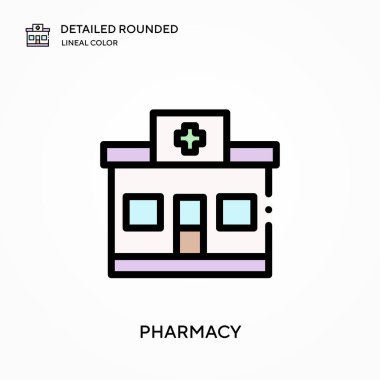 Eczane yuvarlak doğrusal renk vektör simgesini detaylı olarak açıkladı. Web mobil UI ögesi için resimleme sembolü tasarım şablonu. Düzenlenebilir vuruşlarda mükemmel renk modern piktogram. İş projeniz için eczane simgeleri