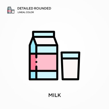 Süt detaylı yuvarlak doğrusal renk vektör simgesi. Web mobil UI ögesi için resimleme sembolü tasarım şablonu. Düzenlenebilir vuruşlarda mükemmel renk modern piktogram. İş projeniz için süt simgeleri