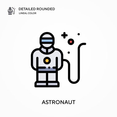 Astronot ayrıntılı yuvarlak doğrusal renk vektör ikonu. Web mobil UI ögesi için resimleme sembolü tasarım şablonu. Düzenlenebilir vuruşlarda mükemmel renk modern piktogram. İş projeniz için astronot simgeleri