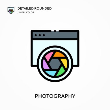 Fotoğraf ayrıntılı yuvarlak doğrusal renk vektör simgesi. Web mobil UI ögesi için resimleme sembolü tasarım şablonu. Düzenlenebilir vuruşlarda mükemmel renk modern piktogram. İş projeniz için fotoğraf simgeleri