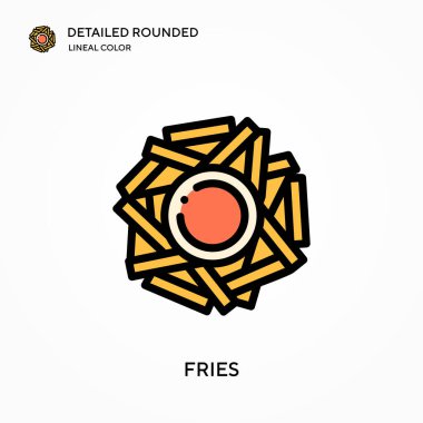 Fries ayrıntılı yuvarlak doğrusal renk vektör ikonu. Web mobil UI ögesi için resimleme sembolü tasarım şablonu. Düzenlenebilir vuruşlarda mükemmel renk modern piktogram. İş projeniz için kızartma simgeleri