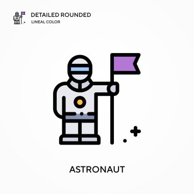 Astronot ayrıntılı yuvarlak doğrusal renk vektör ikonu. Web mobil UI ögesi için resimleme sembolü tasarım şablonu. Düzenlenebilir vuruşlarda mükemmel renk modern piktogram. İş projeniz için astronot simgeleri