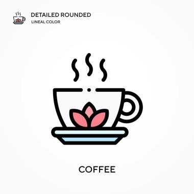 Kahve detaylı yuvarlak doğrusal renk vektör ikonu. Web mobil UI ögesi için resimleme sembolü tasarım şablonu. Düzenlenebilir vuruşlarda mükemmel renk modern piktogram. İş projeniz için kahve simgeleri