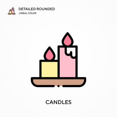 Mumlar ayrıntılı yuvarlak doğrusal renk vektör simgesi. Web mobil UI ögesi için resimleme sembolü tasarım şablonu. Düzenlenebilir vuruşlarda mükemmel renk modern piktogram. İş projeniz için mum simgeleri