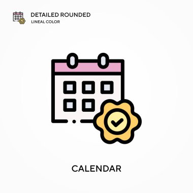 Takvim ayrıntılı yuvarlak doğrusal renk vektörü simgesi. Web mobil UI ögesi için resimleme sembolü tasarım şablonu. Düzenlenebilir vuruşlarda mükemmel renk modern piktogram. İş projeniz için takvim simgeleri