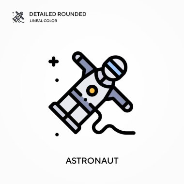 Astronot ayrıntılı yuvarlak doğrusal renk vektör ikonu. Web mobil UI ögesi için resimleme sembolü tasarım şablonu. Düzenlenebilir vuruşlarda mükemmel renk modern piktogram. İş projeniz için astronot simgeleri