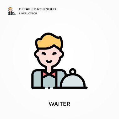 Garson yuvarlak doğrusal renk vektör simgesini detaylı olarak anlattı. Web mobil UI ögesi için resimleme sembolü tasarım şablonu. Düzenlenebilir vuruşlarda mükemmel renk modern piktogram. İş projeniz için garsonluk simgeleri