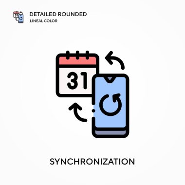 Senkronizasyon ayrıntılı yuvarlak doğrusal renk vektör simgesi. Web mobil UI ögesi için resimleme sembolü tasarım şablonu. Düzenlenebilir vuruşlarda mükemmel renk modern piktogram. İş projeniz için eşzamanlama simgeleri