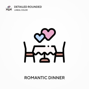 Romantik akşam yemeği yuvarlak doğrusal renk vektör ikonu. Web mobil UI ögesi için resimleme sembolü tasarım şablonu. Düzenlenebilir vuruşlarda mükemmel renk modern piktogram. İş projeniz için romantik yemek ikonları