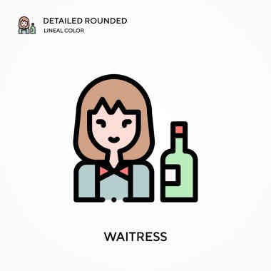 Garson, yuvarlak doğrusal renk vektör simgesini detaylı olarak anlattı. Web mobil UI ögesi için resimleme sembolü tasarım şablonu. Düzenlenebilir vuruşlarda mükemmel renk modern piktogram. İş projeniz için garson simgeleri