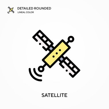 Uydu detaylı yuvarlak doğrusal renk vektör simgesi. Web mobil UI ögesi için resimleme sembolü tasarım şablonu. Düzenlenebilir vuruşlarda mükemmel renk modern piktogram. İş projeniz için uydu simgeleri